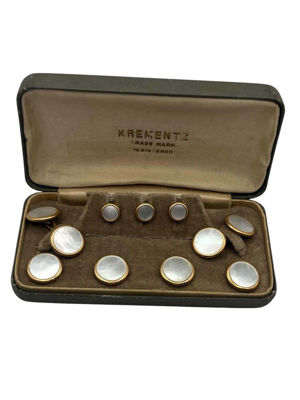 1930’s Krementz Art Deco Gold Plate Mother of Pearl cuff links shirt vest studs